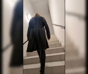 Walk in Parking House, Blonde in Overknee Boots, Red Pvc Dress and Long Leather Coat
