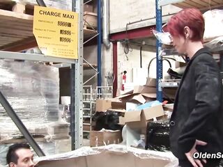 Ginger French aged business lady with glasses Katy Morlait jerks and sucks large cock to her employee Max Casanova then this guy screws her vagina and booty