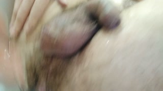 I stick my dick in the guy's ass and he pees on my hairy pussy from anal orgasm