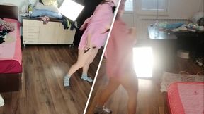 Amateur Latina tries on clothes and cuts them.