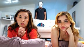 ”Tiny step sister & BESTFRIEND halloween party watching scary movies”