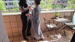 Busty Girl Sucks Her Friend&#039;s Cock on a Hotel Balcony!! Risky Sex!
