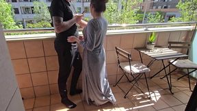 Busty Girl Sucks Her Friend&#039;s Cock on a Hotel Balcony!! Risky Sex!