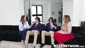 Hot MILFs Desiree Dulce and Mia James take their stepsons virginity