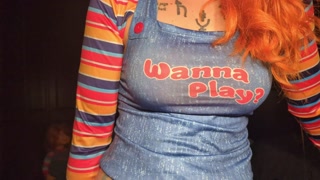 female chucky cosplayer girl gets fucked by dragon dildo