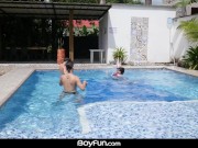 Cock crazed bottom boy Dylan Malik takes 2 big bare dicks poolside