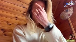 Petite blonde rides big tool after creamy creampie, cums twice with double facial