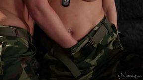 Hot blonde female soldiers soldiers kiss and lick their clits