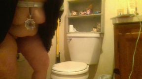 masterbate quickie in bathroom cum anal tight pussy finger white tank tube top