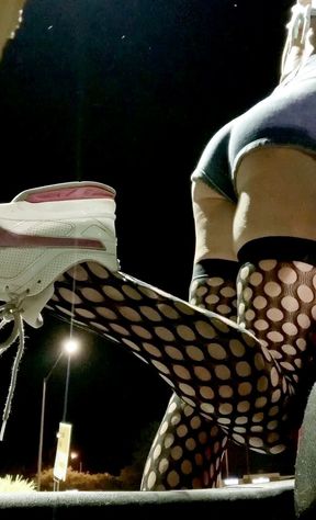 Sexy ass tight jean shorts and fishnets on outdoor display hot sissy TS