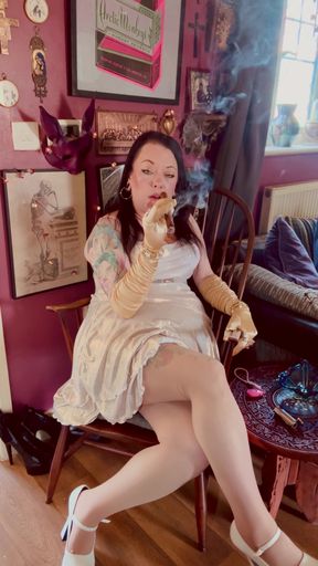 Cigar Smoking Tina Snua In Gold Satin Gloves &amp; Rings - Smoker Smokes OME Drifting Smoke   Clip 1