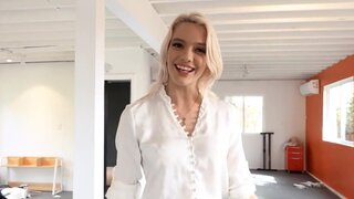 Leggy blonde with fake tits is going to take fat dick