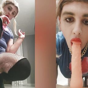 Cute sissy Nikola sucking dildo before fuck herself and cum