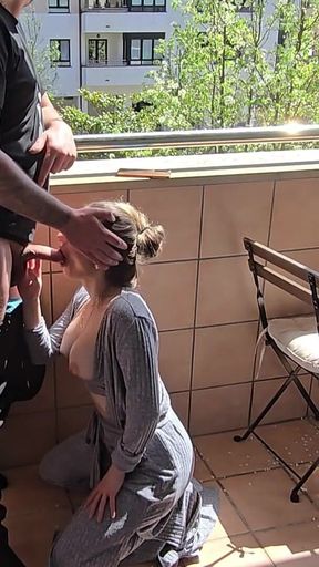 Busty Girl Sucks Her Friend's Cock on a Hotel Balcony!! Risky Sex!