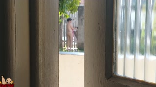 I'm jerking off while my wife shows her nude body taking a shower in the yard