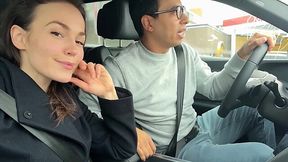 A brunette babe is so horny that she can't wait to get home to fuck