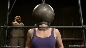 Bound redhead with head in metal ball