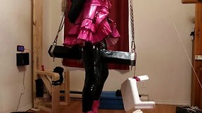 Cd maid stuck on large sextoy on wooden pony