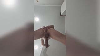 Very first, Roxana jacked off standing up, then came and used the leftover jism to oil up her booty