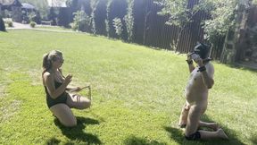 Puppy training in Dracula Femdom Castle - Outdoor doggy training - Hitting the genitals with the ball CBT