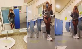 Chinese ladyboy strokes thick black nylons till thick cum drips down urinal