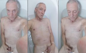 Grandpa Daddy Exhibitionist Jerking in Bath with Messy Belly Cumshot