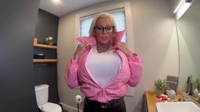 Intriguing Transformation: Shiny Jacket Adventure with Stunning Curves