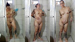 curious goddess - taking a shower, showing the soles of her feet, her small breasts, her hairy pussy and big ass