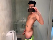 Quick hotel bathroom cumshot into sink in swim trunks while friend is gone