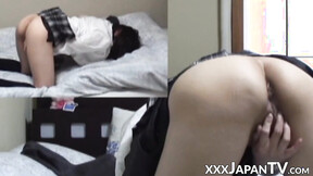 Japanese  climaxing loudly during solo muff play