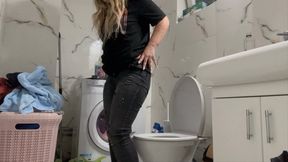 Blonde farting and peeing in toilet