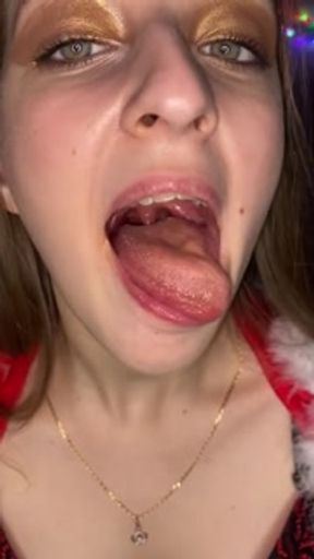 Candy gagging. Xmas underwear. Uvula show