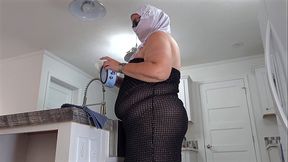 Big juicy fat ass busty white girl hot milf maid in mini dress no panties cleaning house and flashing pussy close up with upskirt view - BBW SSBBW