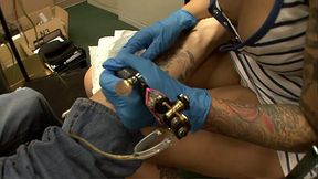 The tattooed and pierced, brunette biker chic Emily Parker, invited one of her friends...