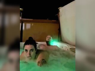 Hottub fucking outside in public on holiday. Trying not to get caught by the neighbours