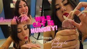 Semen FEST for wild cat Goddess! Fucking the urethra, bites & eating sperm
