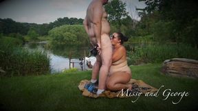 HORNY WIFE SUCKS HUSBANDS COCK OUTDOORS NUDE IN FULL VIEW - HD