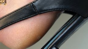 Foot and sandal fetish admiration, dangling and amazing feet colse-up, lovely hot bare heel.