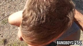 Jock blows fat dick and gets barebacked outdoor for cash