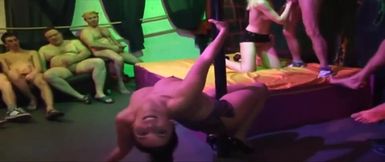 Mature Blonde Stretched Wide in Dripping Group Orgy