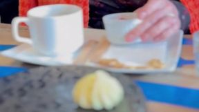 Her panties slip off in a quiet cafe