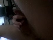 Slut fucking his ass with a toy attached to the wall until he cums over abs