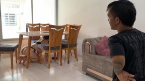 As an excuse to fuck my little stepbrother I pretend to get stuck so that he can put his huge cock in me and cum on me.