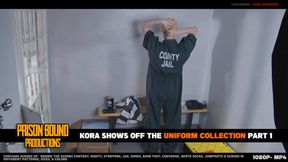 Kora Shows Off The Uniform Collection Part 1 -Behind The Scenes Chat and Interview Style Show and Tell - Trying On Prison, Convict, Jail Uniforms. Jumpsuits, Scrubs, Orange Uniforms, Black & White Stripes, Orange Prison Shoes, Stripping -1080p -MP4