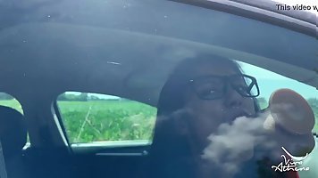 Horny Indian teen sucks and fucks dildo in the car