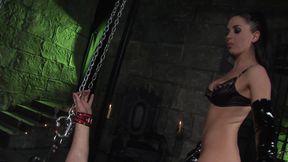 Busty brunette with a whip sucks and rides sex slave dude