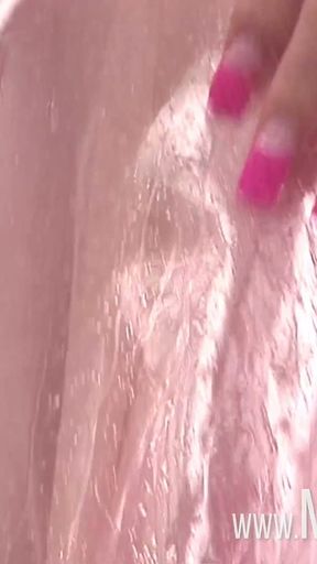 Big tits tight pussy blonde babe in seethrough pvc raincoat rides the big dick for cum at the garden