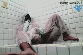 Nuclear blast gay sub in leather mask piss and cums all over