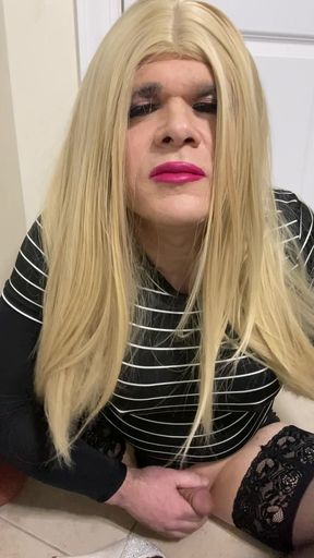 Part 2 of Sexy Crossdresser Trans Female Teases with Fake Pussy in Lingerie and Stockings