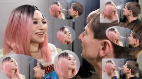b79 I spat on him 56 times. I coughed and spat even more. Long, heavy, messy spits kept flying into his open mouth and all over his face. When I finally got bored, I grabbed him by the hair, pulled his head back, and showed his